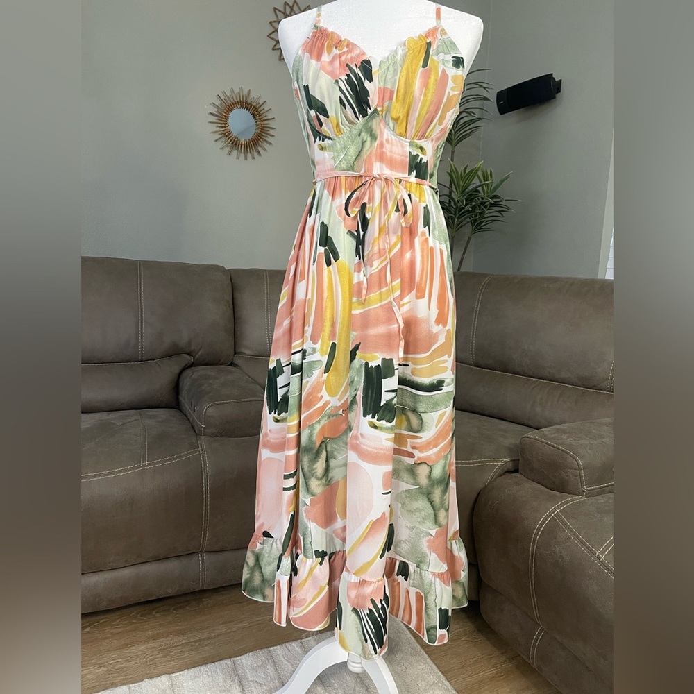 Watercolor Spaghetti Strap Summer Midi Dress Sz M Valentines Date Night Gift - Picture 4 of 12